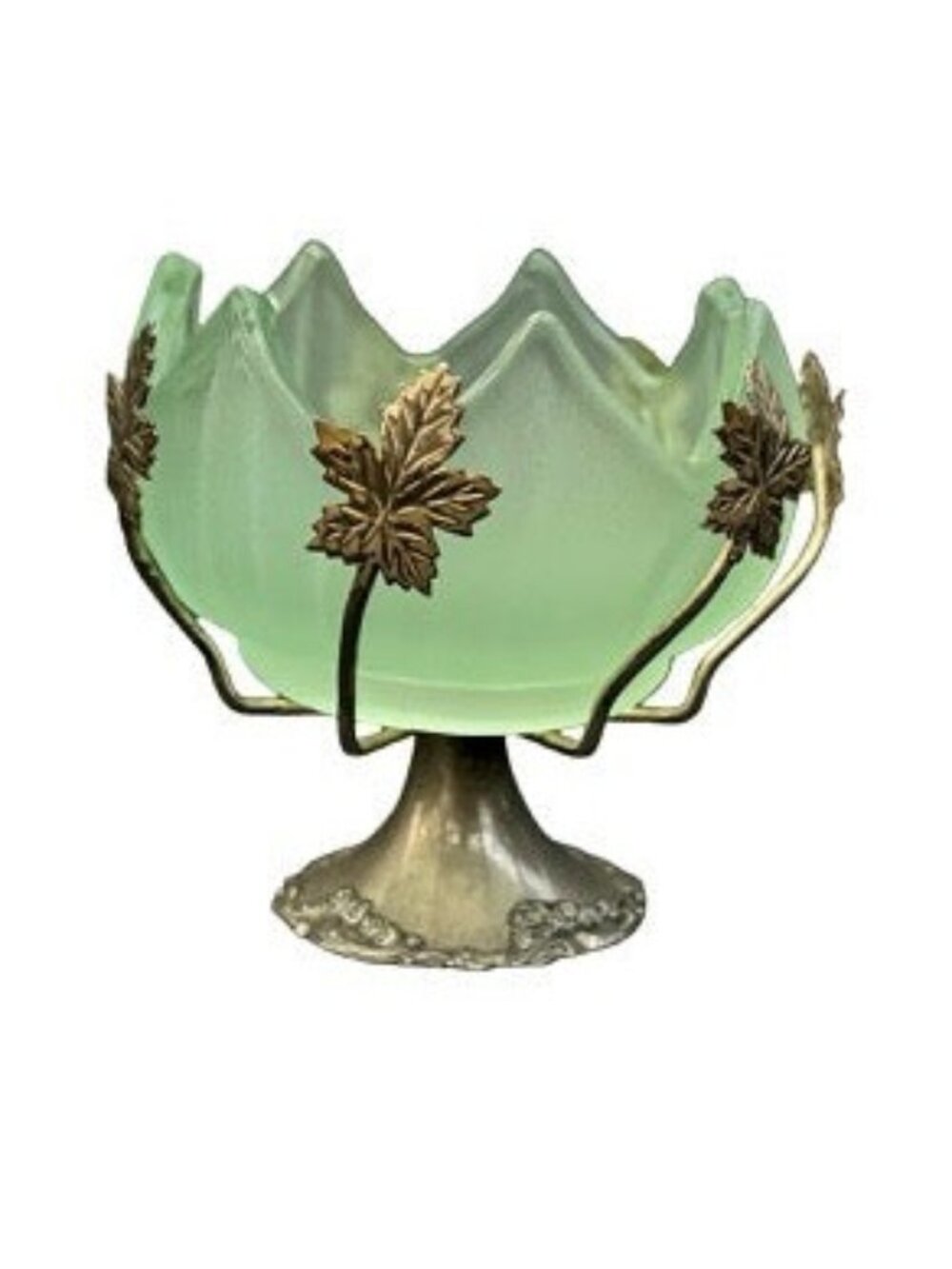 Vintage Brama Frosted Green Art Glass Bowl on Silver-Plated Base